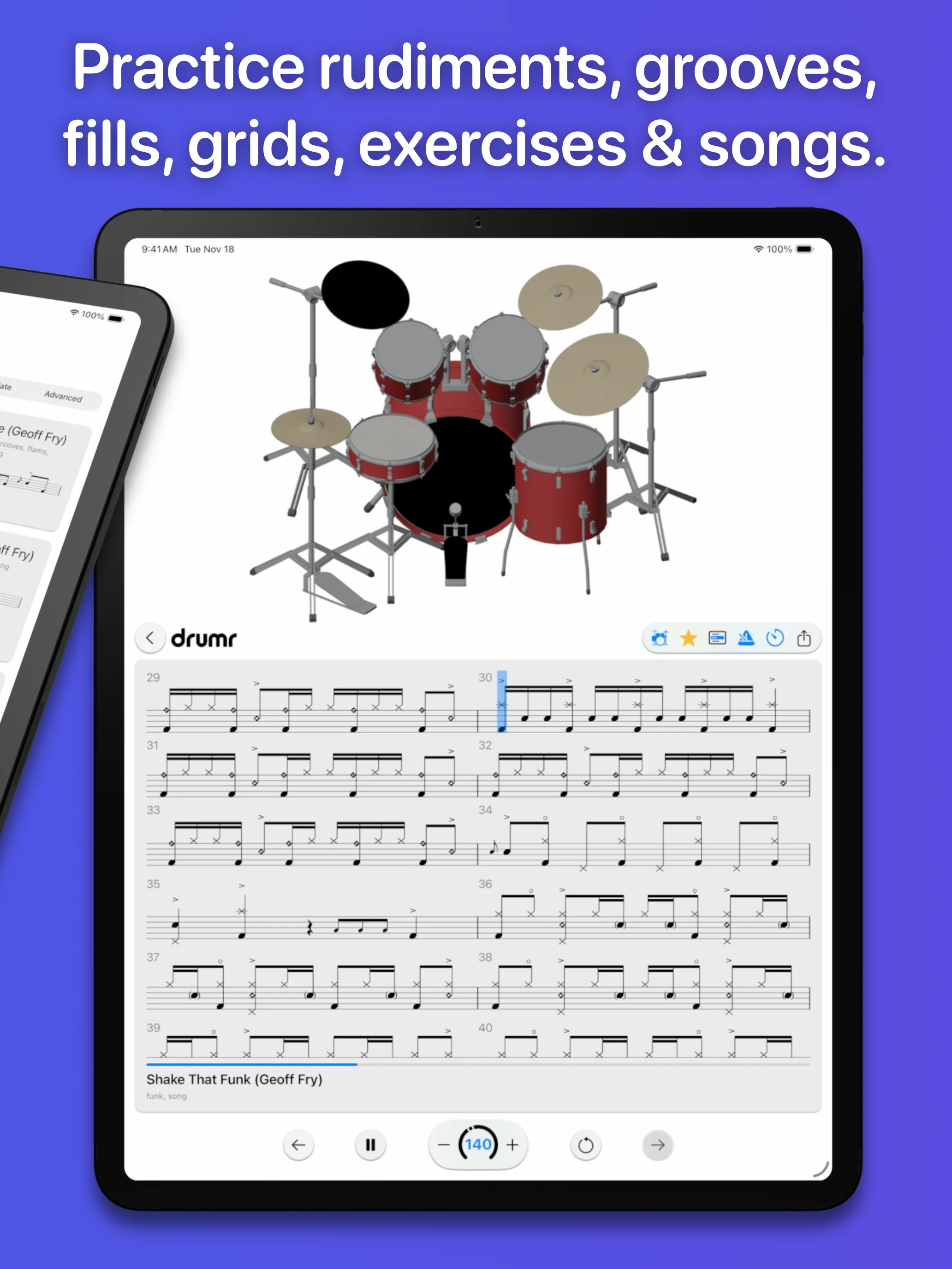 Drumr on iPad - Enhanced notation view